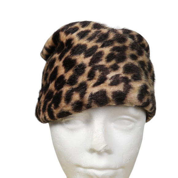 Vintage 60s I. Magnin tan brown and black leopard print fur pillbox hat - Picture 2 of 8